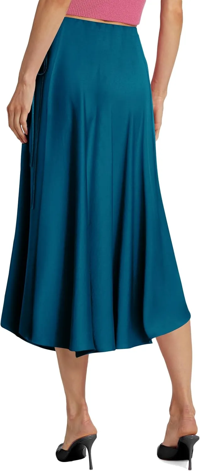SEBOWEL Women Satin Maxi Long Skirt Silk Side Tie A Line Swing Midi Skirt Silky Flowy Ruffle Pleated Cocktail Party Skirts