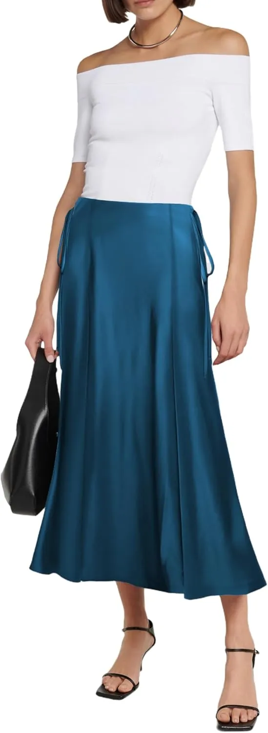 SEBOWEL Women Satin Maxi Long Skirt Silk Side Tie A Line Swing Midi Skirt Silky Flowy Ruffle Pleated Cocktail Party Skirts