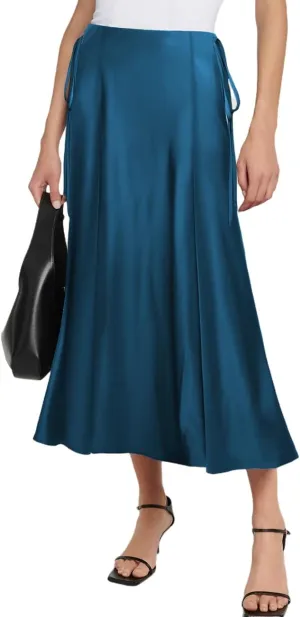 SEBOWEL Women Satin Maxi Long Skirt Silk Side Tie A Line Swing Midi Skirt Silky Flowy Ruffle Pleated Cocktail Party Skirts