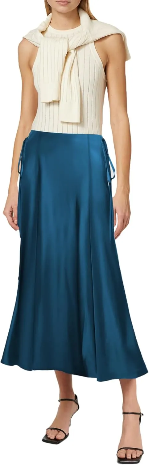 SEBOWEL Women Satin Maxi Long Skirt Silk Side Tie A Line Swing Midi Skirt Silky Flowy Ruffle Pleated Cocktail Party Skirts