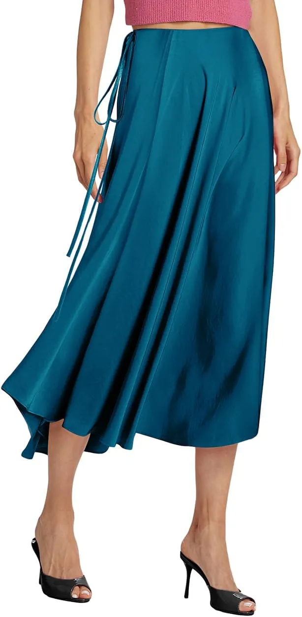 SEBOWEL Women Satin Maxi Long Skirt Silk Side Tie A Line Swing Midi Skirt Silky Flowy Ruffle Pleated Cocktail Party Skirts