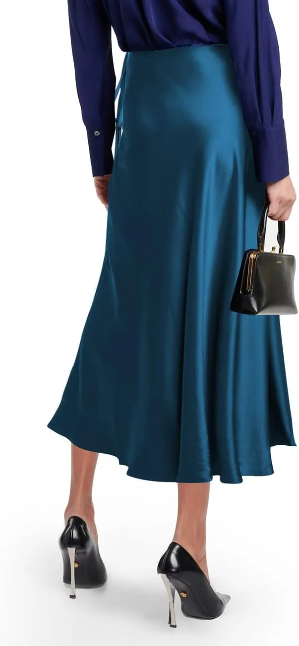 SEBOWEL Women Satin Maxi Long Skirt Silk Side Tie A Line Swing Midi Skirt Silky Flowy Ruffle Pleated Cocktail Party Skirts