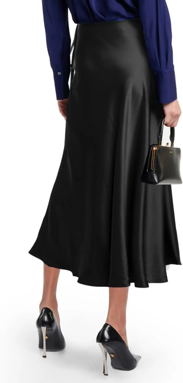 SEBOWEL Women Satin Maxi Long Skirt Silk Side Tie A Line Swing Midi Skirt Silky Flowy Ruffle Pleated Cocktail Party Skirts
