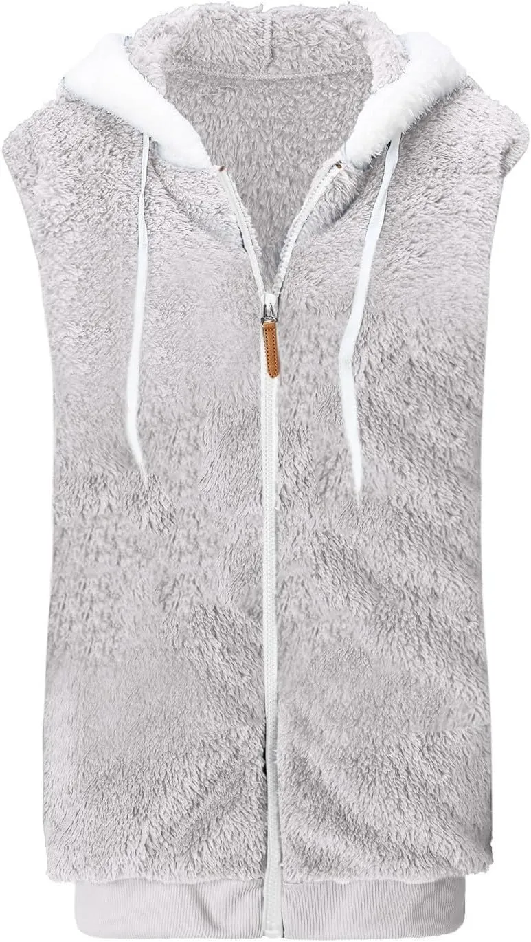 Sherpa Lined Jacket Women 2023 Fashion Casual Sleeveless Drawstring Zip Up Vest Hoodies Fall Winter Sweatshirts Jackets