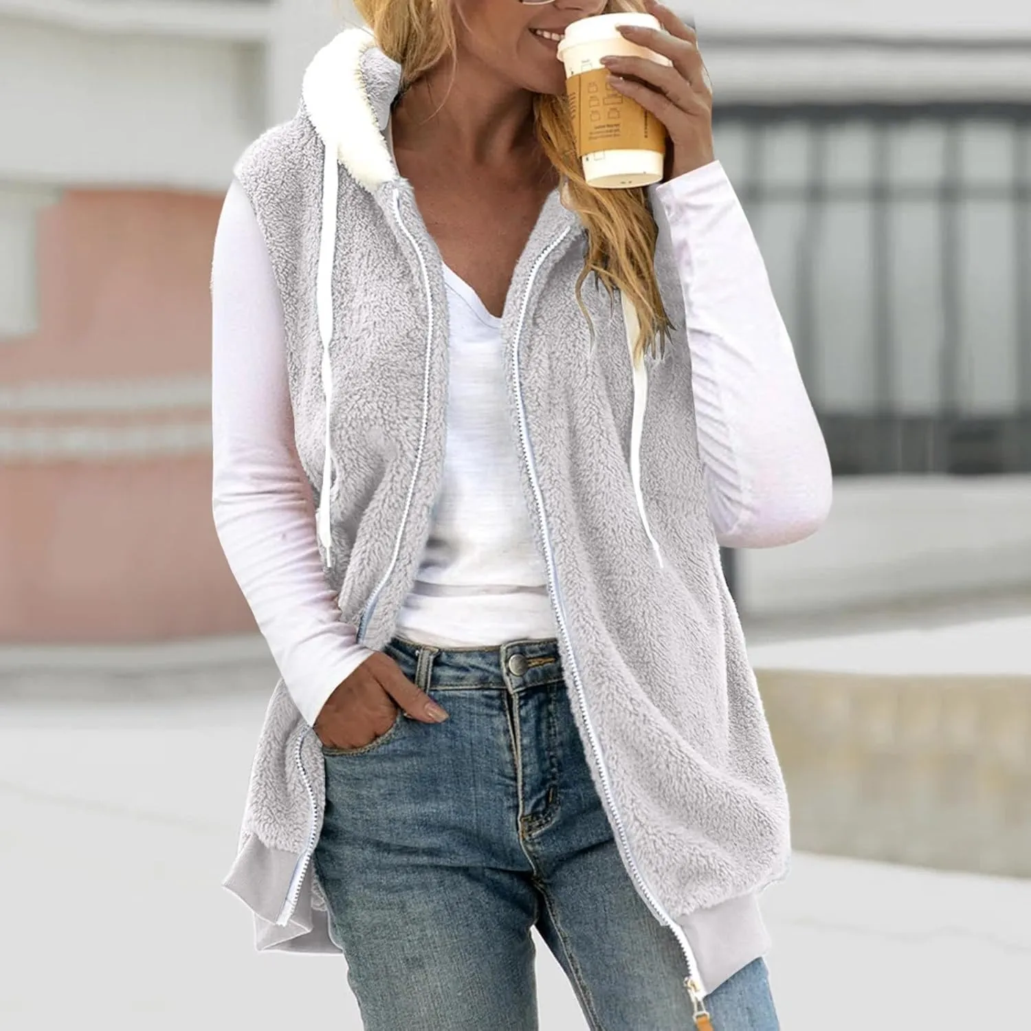 Sherpa Lined Jacket Women 2023 Fashion Casual Sleeveless Drawstring Zip Up Vest Hoodies Fall Winter Sweatshirts Jackets