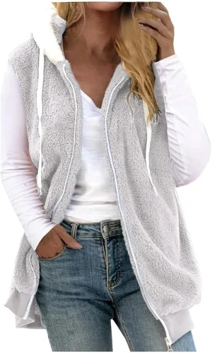 Sherpa Lined Jacket Women 2023 Fashion Casual Sleeveless Drawstring Zip Up Vest Hoodies Fall Winter Sweatshirts Jackets