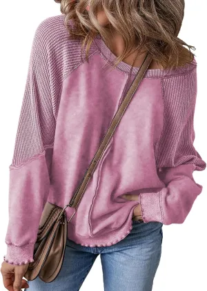 SHEWIN Womens Fashion Waffle Knit Sweatshirt Casual Crewneck Long Sleeve Reverse Seam Oversized Pullover Sweatshirts