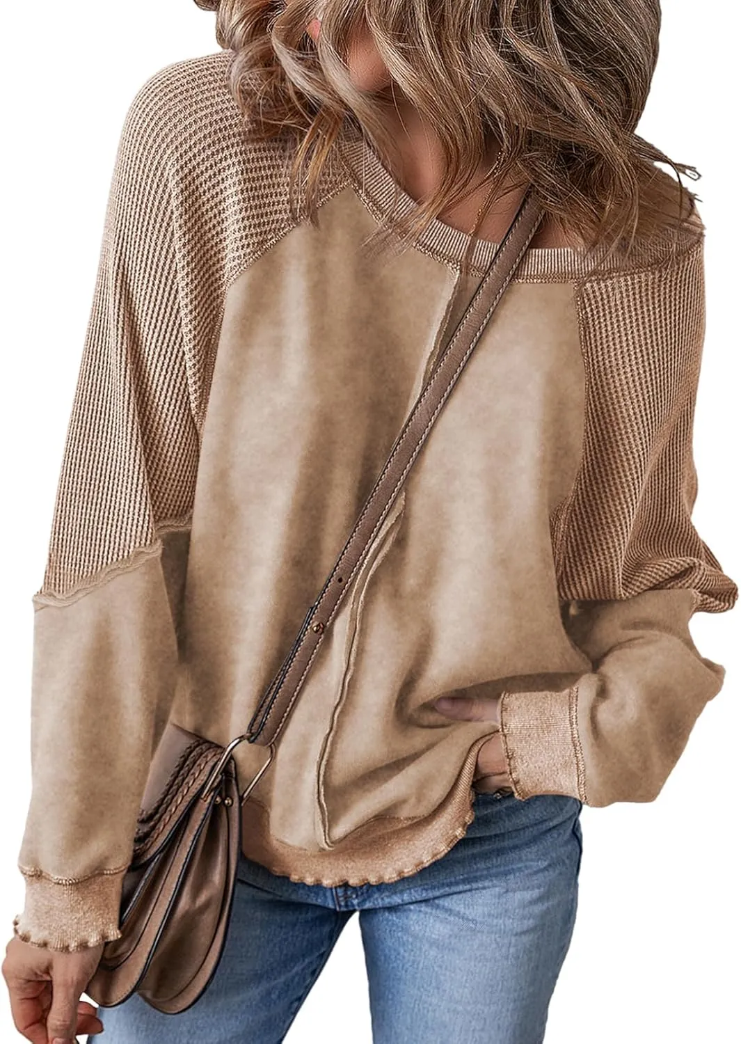 SHEWIN Womens Fashion Waffle Knit Sweatshirt Casual Crewneck Long Sleeve Reverse Seam Oversized Pullover Sweatshirts