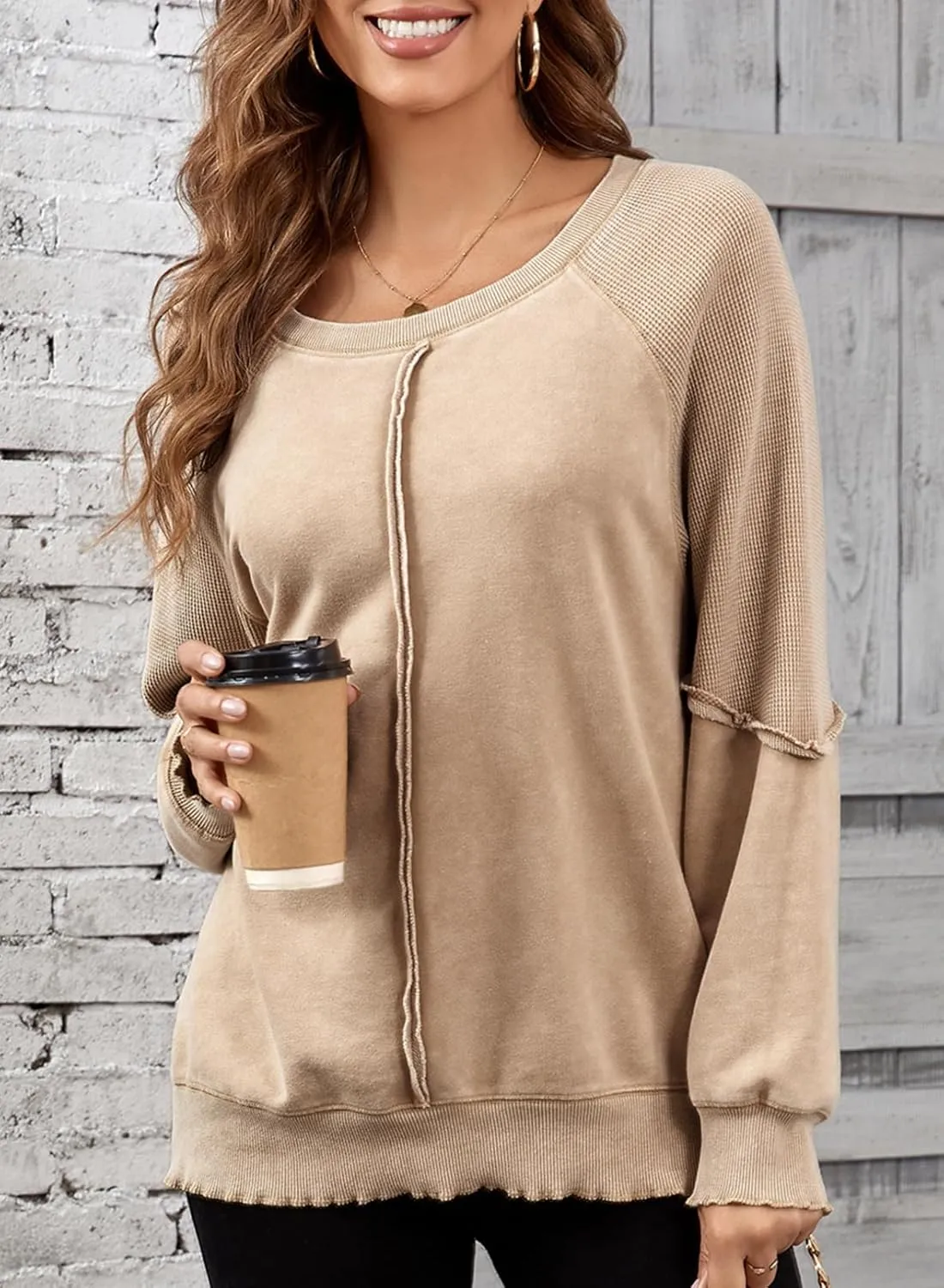 SHEWIN Womens Fashion Waffle Knit Sweatshirt Casual Crewneck Long Sleeve Reverse Seam Oversized Pullover Sweatshirts