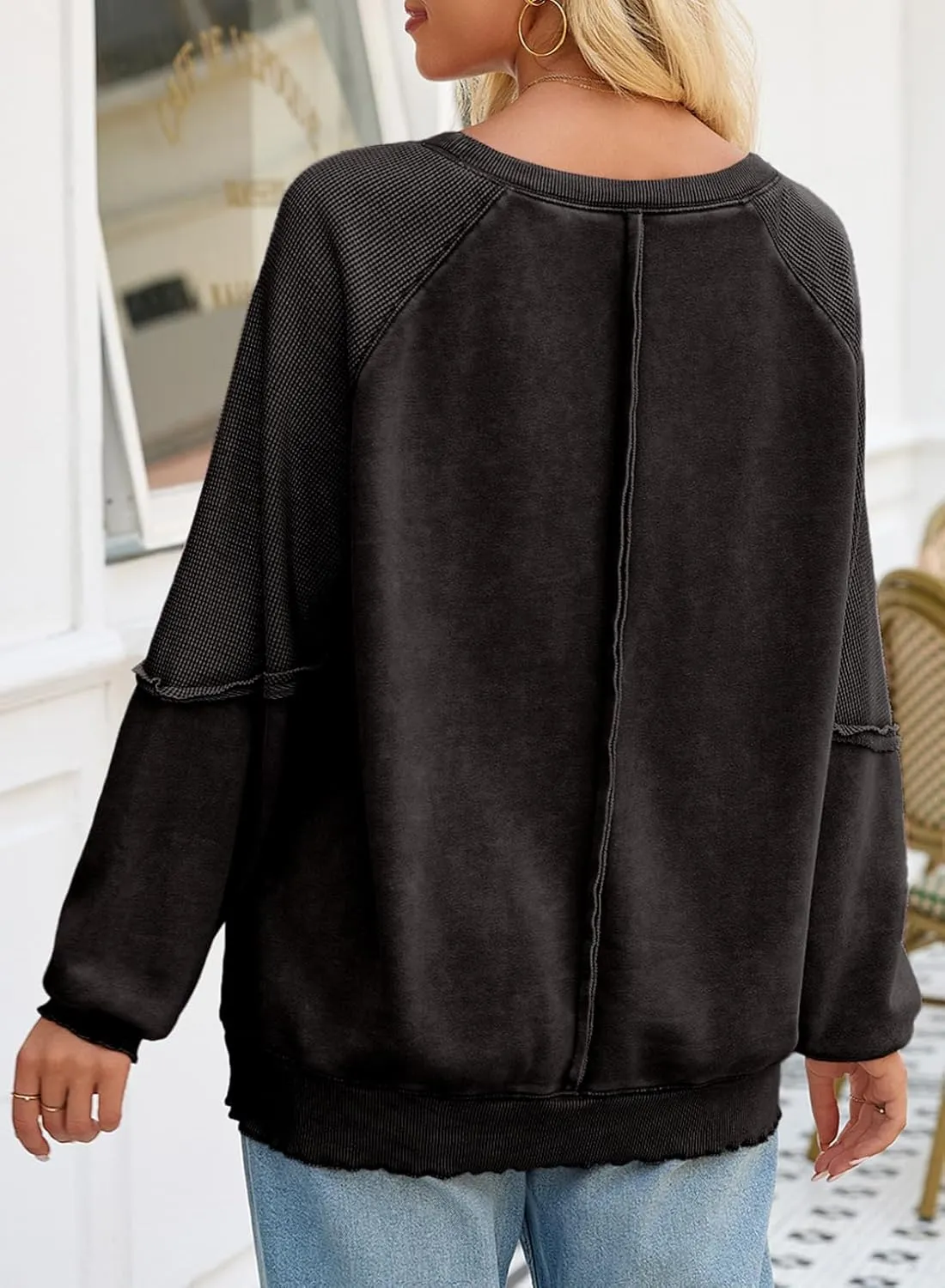 SHEWIN Womens Fashion Waffle Knit Sweatshirt Casual Crewneck Long Sleeve Reverse Seam Oversized Pullover Sweatshirts