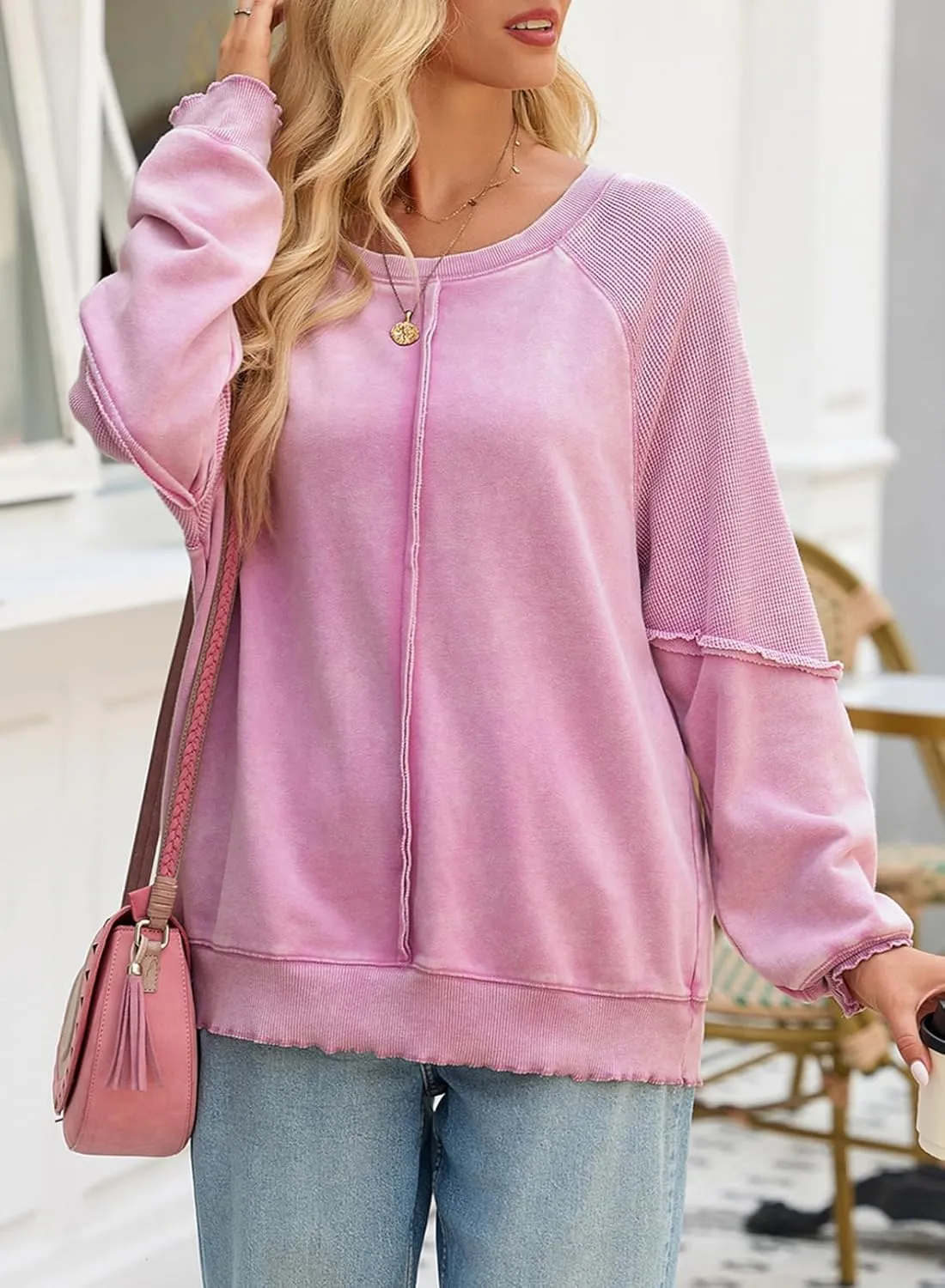 SHEWIN Womens Fashion Waffle Knit Sweatshirt Casual Crewneck Long Sleeve Reverse Seam Oversized Pullover Sweatshirts