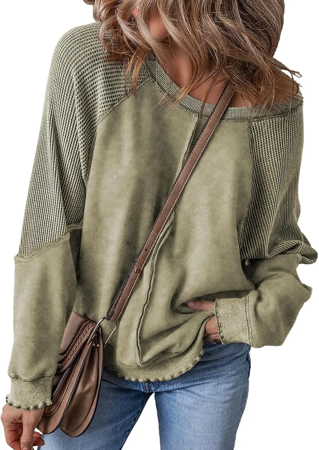 SHEWIN Womens Fashion Waffle Knit Sweatshirt Casual Crewneck Long Sleeve Reverse Seam Oversized Pullover Sweatshirts