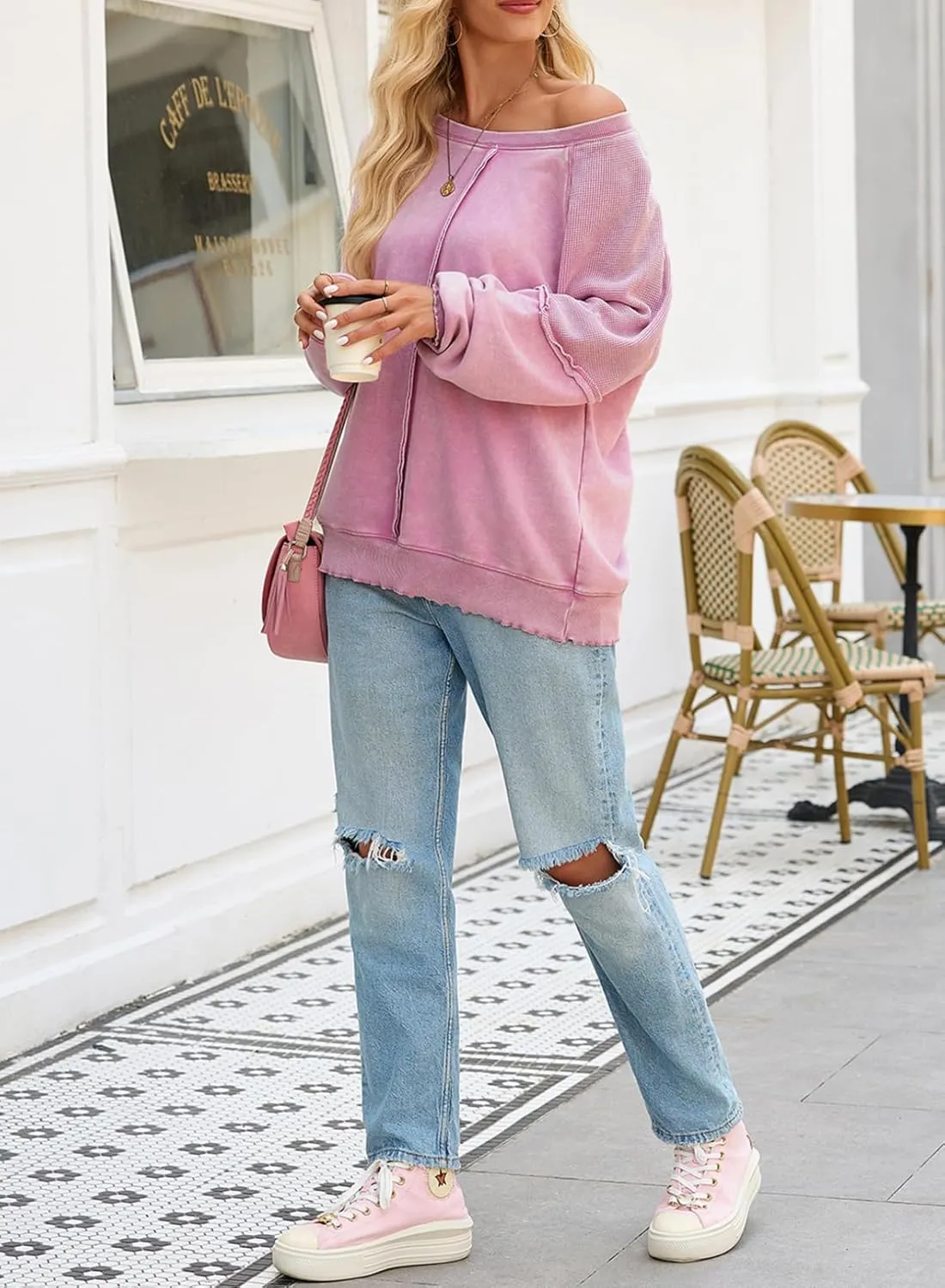 SHEWIN Womens Fashion Waffle Knit Sweatshirt Casual Crewneck Long Sleeve Reverse Seam Oversized Pullover Sweatshirts