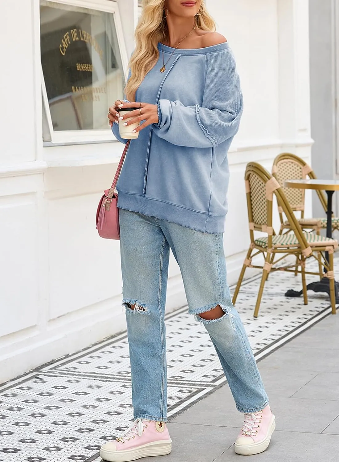 SHEWIN Womens Fashion Waffle Knit Sweatshirt Casual Crewneck Long Sleeve Reverse Seam Oversized Pullover Sweatshirts