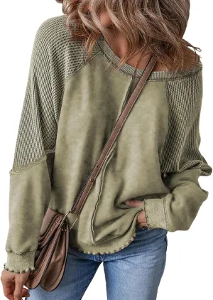 SHEWIN Womens Fashion Waffle Knit Sweatshirt Casual Crewneck Long Sleeve Reverse Seam Oversized Pullover Sweatshirts