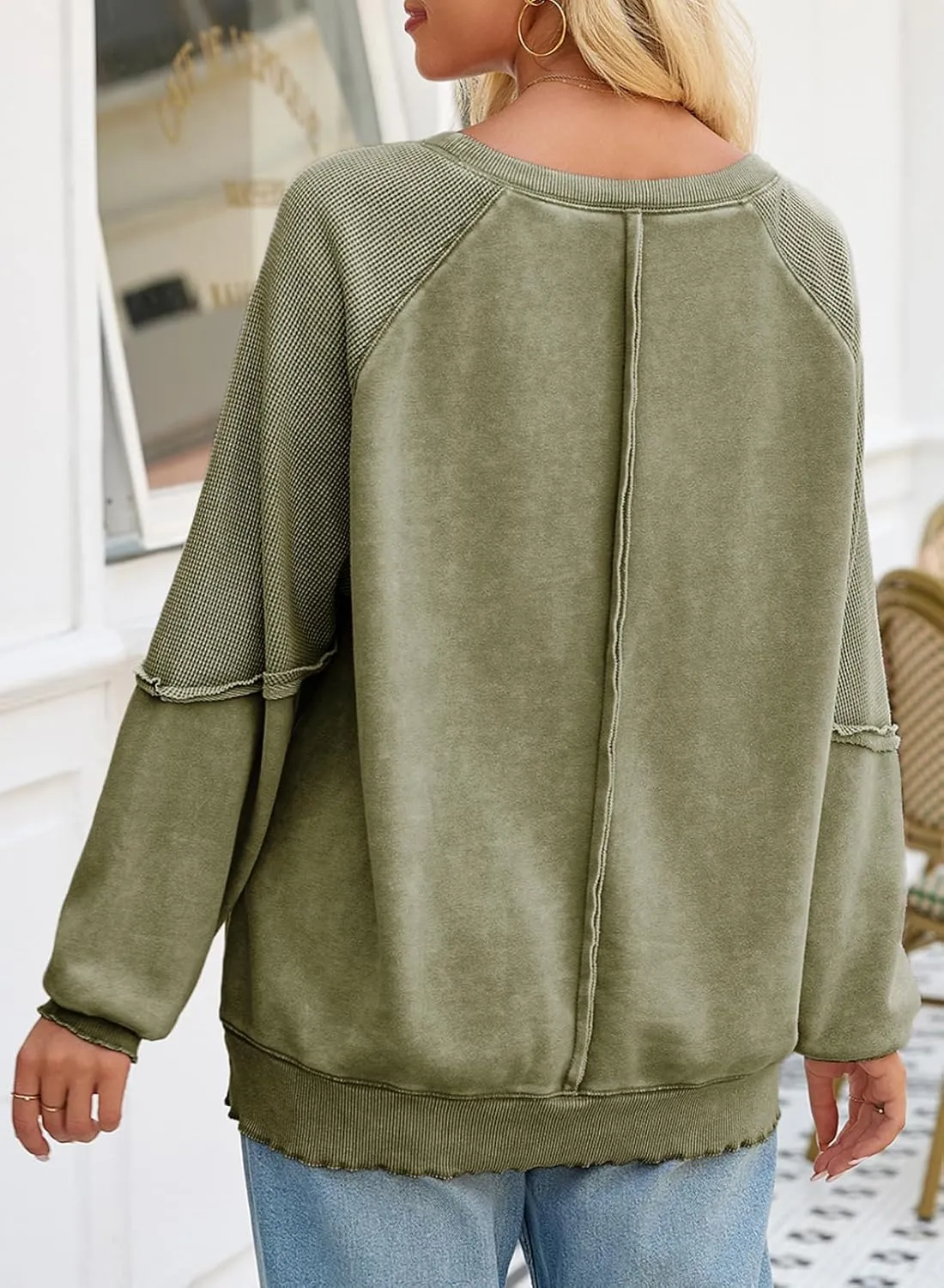 SHEWIN Womens Fashion Waffle Knit Sweatshirt Casual Crewneck Long Sleeve Reverse Seam Oversized Pullover Sweatshirts