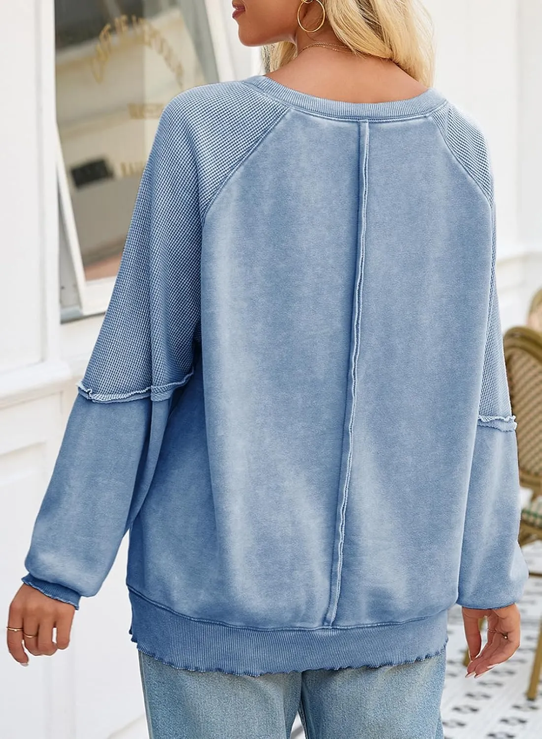 SHEWIN Womens Fashion Waffle Knit Sweatshirt Casual Crewneck Long Sleeve Reverse Seam Oversized Pullover Sweatshirts