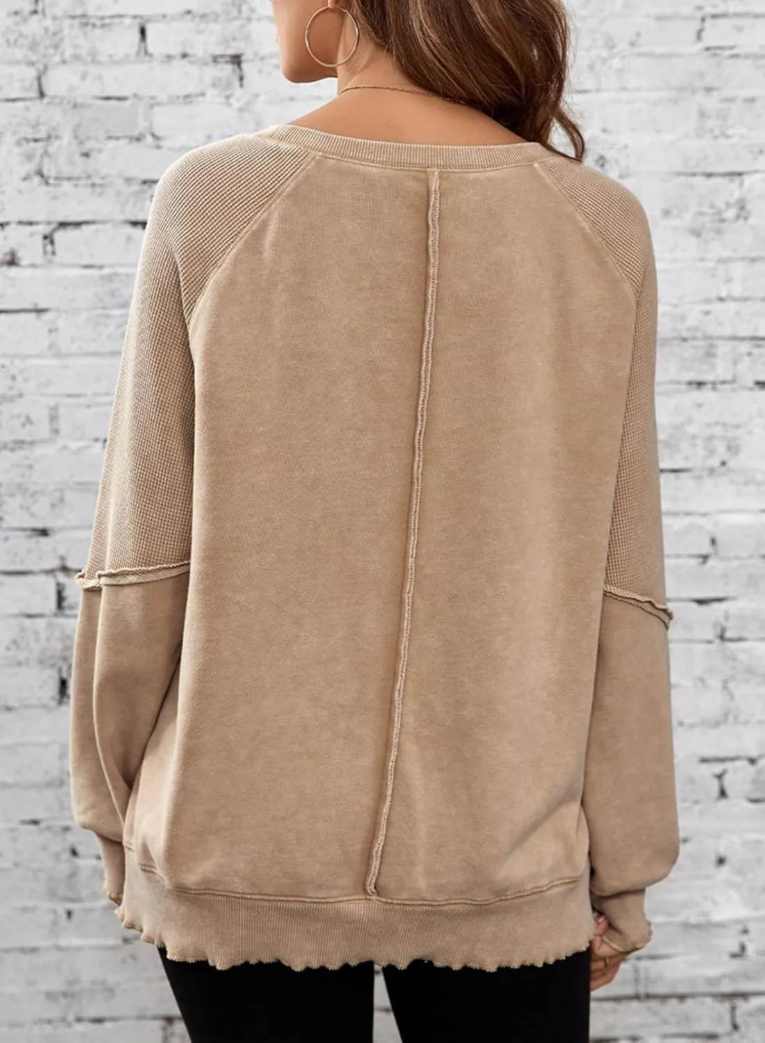 SHEWIN Womens Fashion Waffle Knit Sweatshirt Casual Crewneck Long Sleeve Reverse Seam Oversized Pullover Sweatshirts