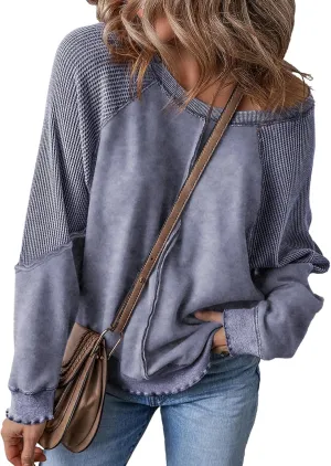 SHEWIN Womens Fashion Waffle Knit Sweatshirt Casual Crewneck Long Sleeve Reverse Seam Oversized Pullover Sweatshirts