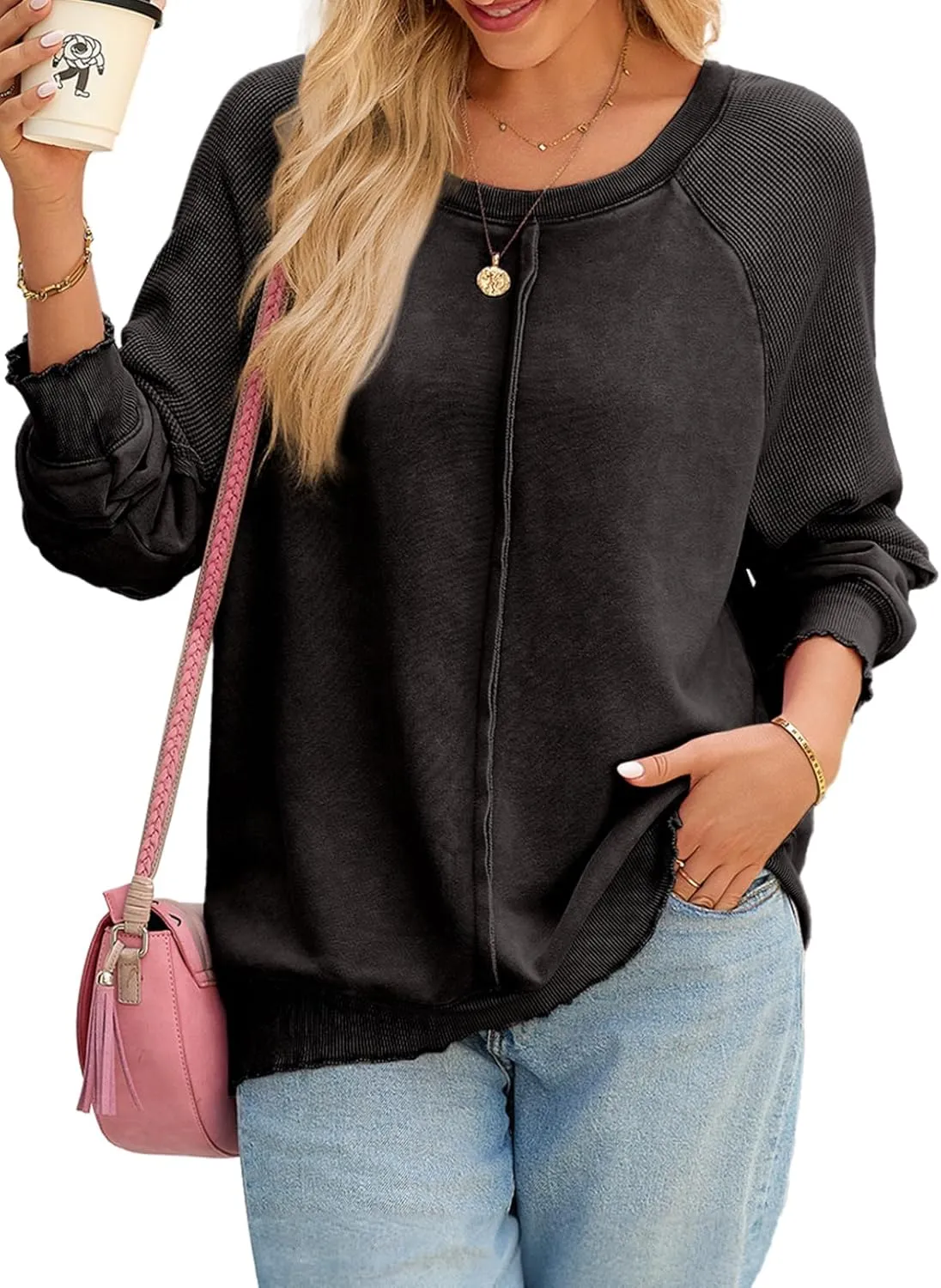SHEWIN Womens Fashion Waffle Knit Sweatshirt Casual Crewneck Long Sleeve Reverse Seam Oversized Pullover Sweatshirts