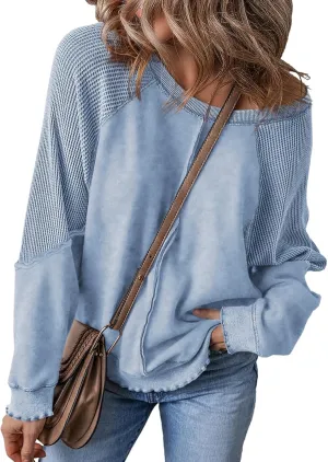 SHEWIN Womens Fashion Waffle Knit Sweatshirt Casual Crewneck Long Sleeve Reverse Seam Oversized Pullover Sweatshirts