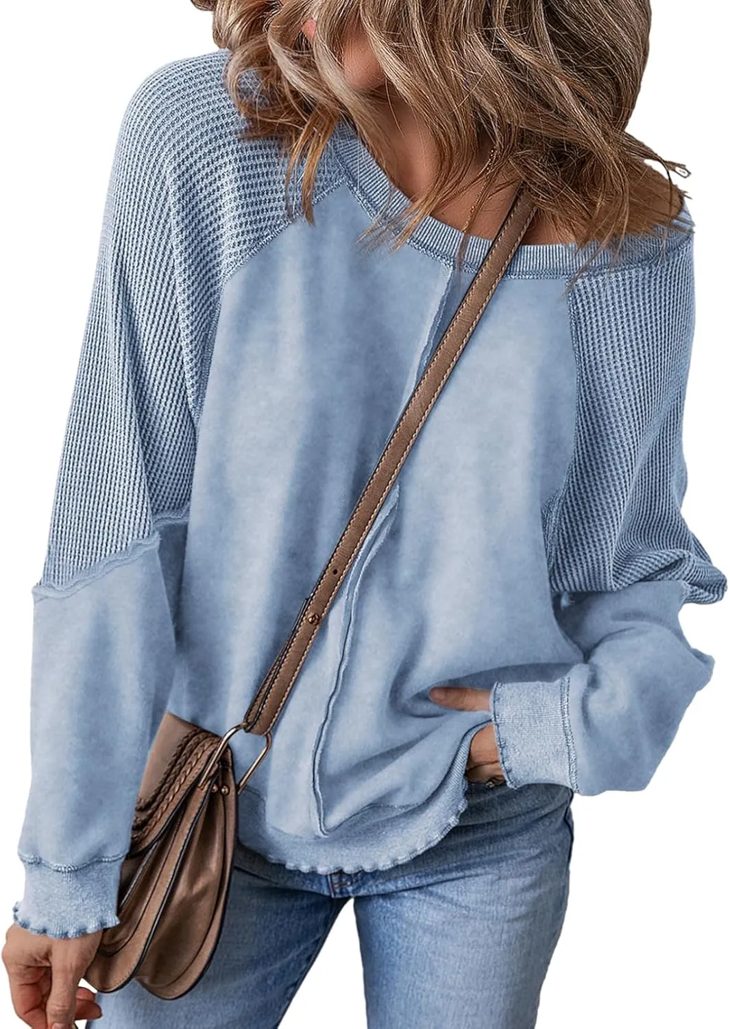 SHEWIN Womens Fashion Waffle Knit Sweatshirt Casual Crewneck Long Sleeve Reverse Seam Oversized Pullover Sweatshirts