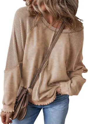 SHEWIN Womens Fashion Waffle Knit Sweatshirt Casual Crewneck Long Sleeve Reverse Seam Oversized Pullover Sweatshirts