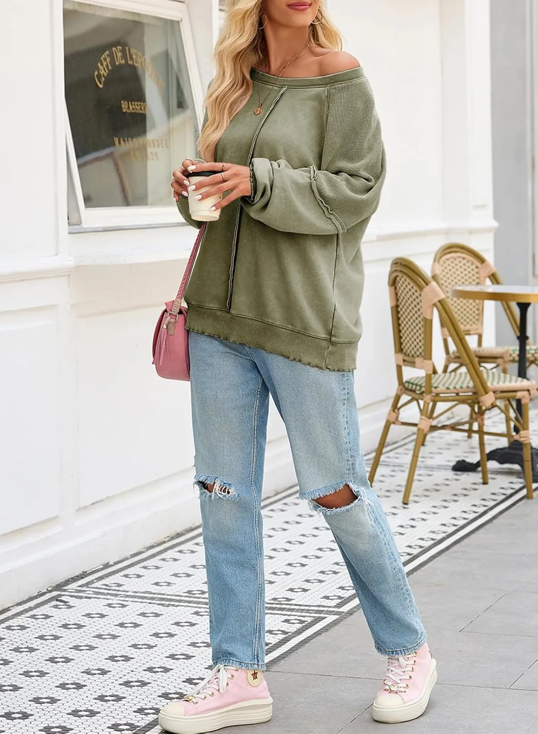 SHEWIN Womens Fashion Waffle Knit Sweatshirt Casual Crewneck Long Sleeve Reverse Seam Oversized Pullover Sweatshirts