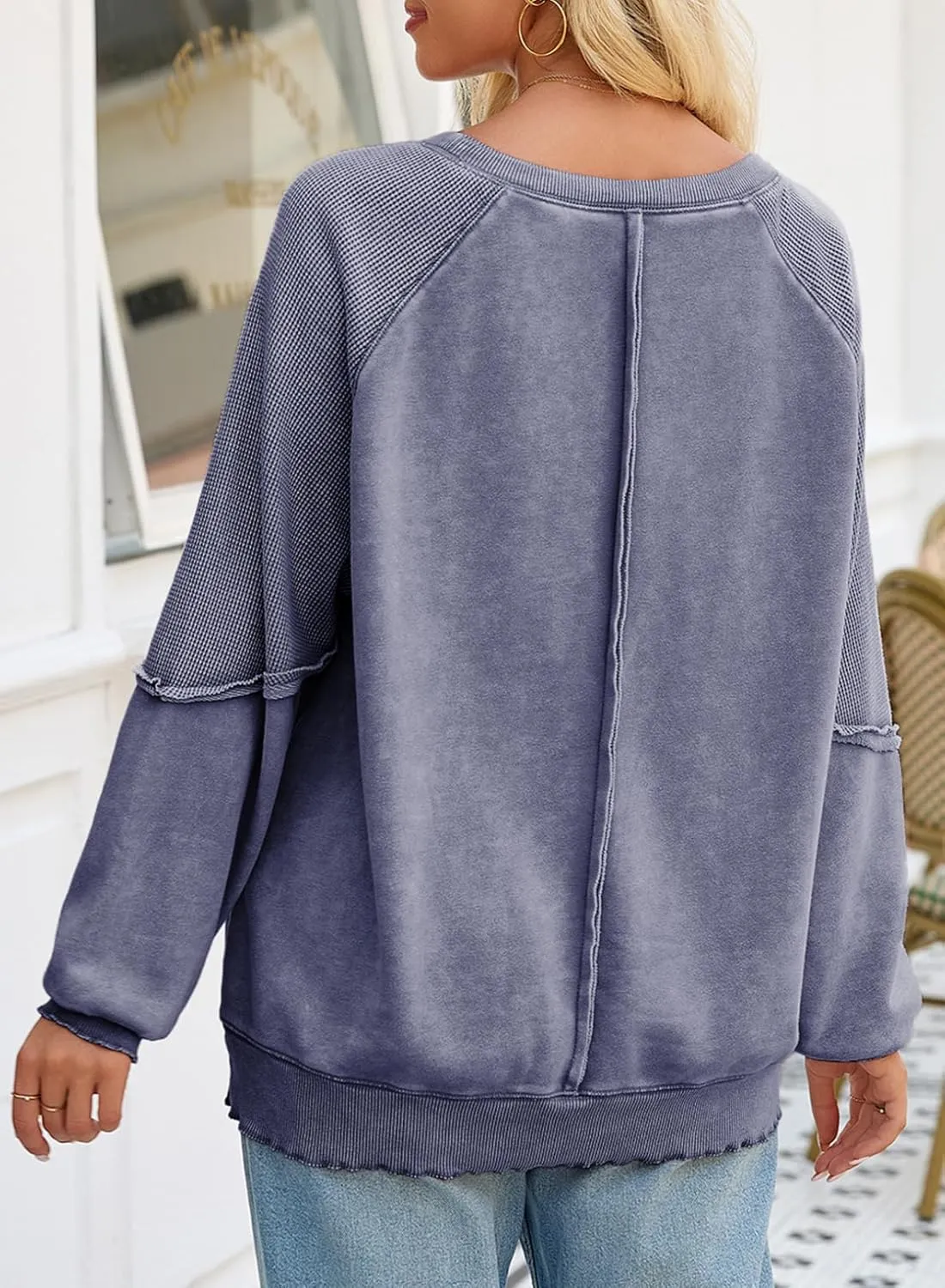 SHEWIN Womens Fashion Waffle Knit Sweatshirt Casual Crewneck Long Sleeve Reverse Seam Oversized Pullover Sweatshirts