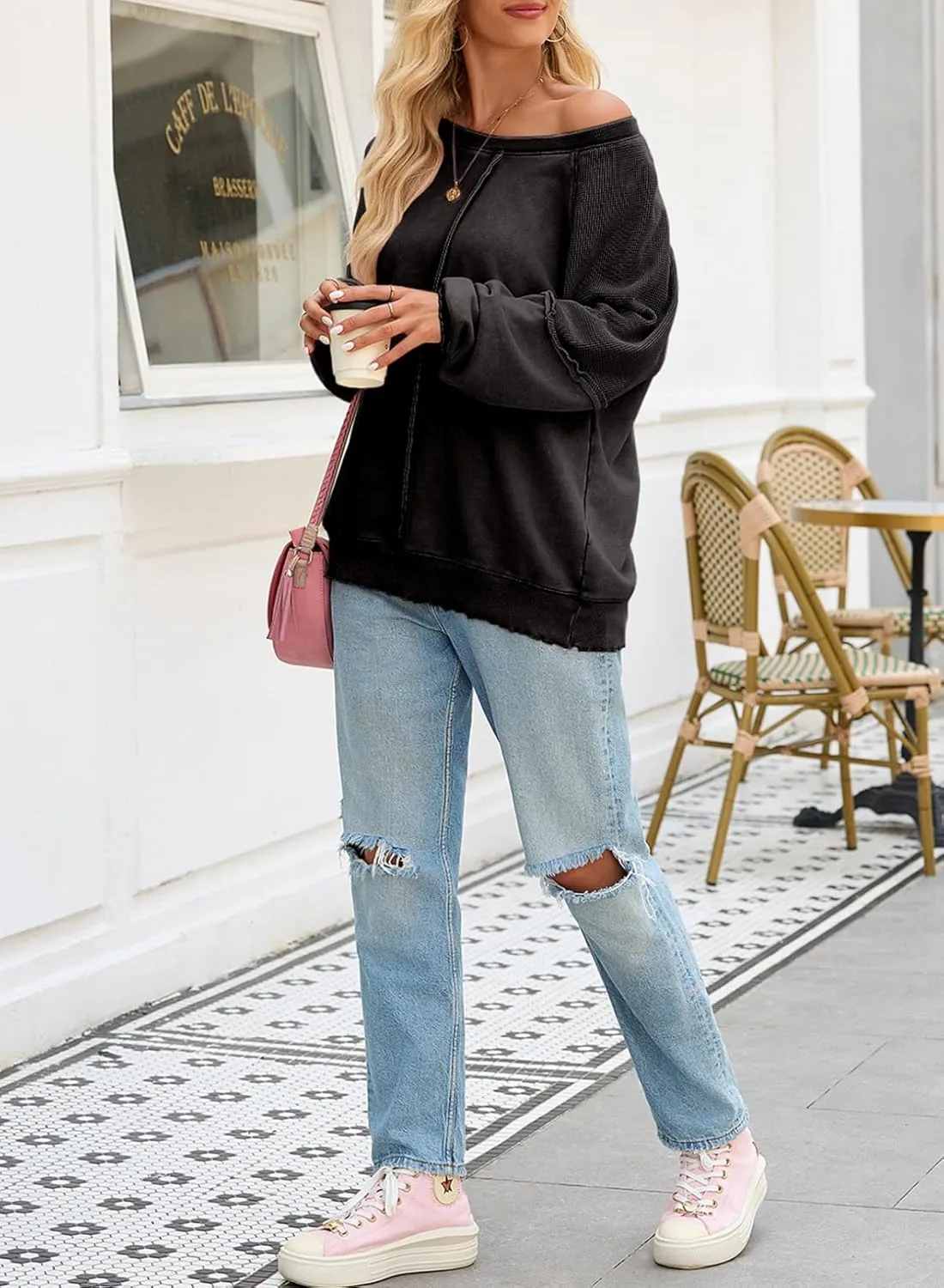 SHEWIN Womens Fashion Waffle Knit Sweatshirt Casual Crewneck Long Sleeve Reverse Seam Oversized Pullover Sweatshirts