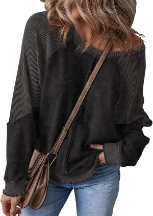 SHEWIN Womens Fashion Waffle Knit Sweatshirt Casual Crewneck Long Sleeve Reverse Seam Oversized Pullover Sweatshirts