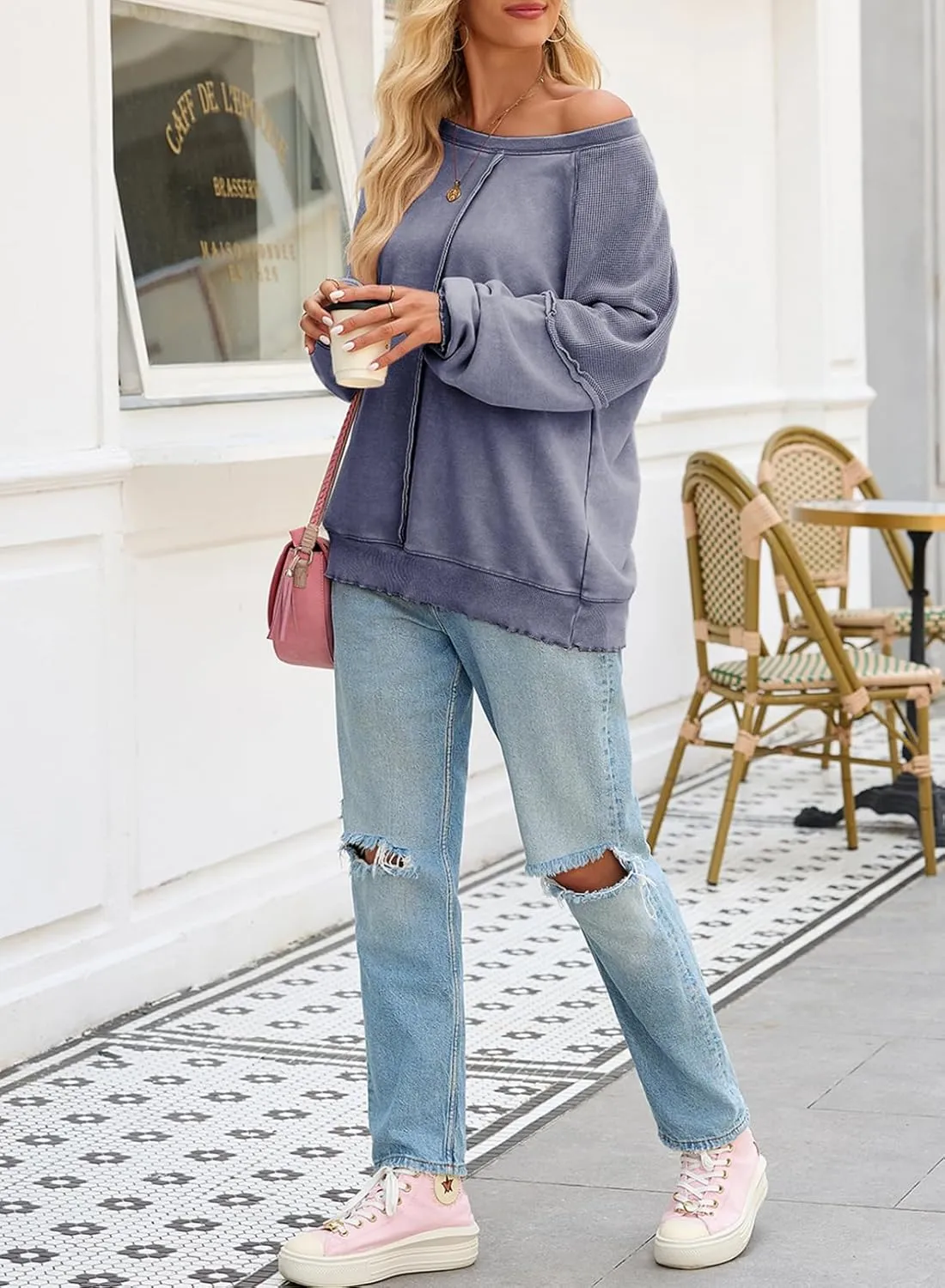 SHEWIN Womens Fashion Waffle Knit Sweatshirt Casual Crewneck Long Sleeve Reverse Seam Oversized Pullover Sweatshirts