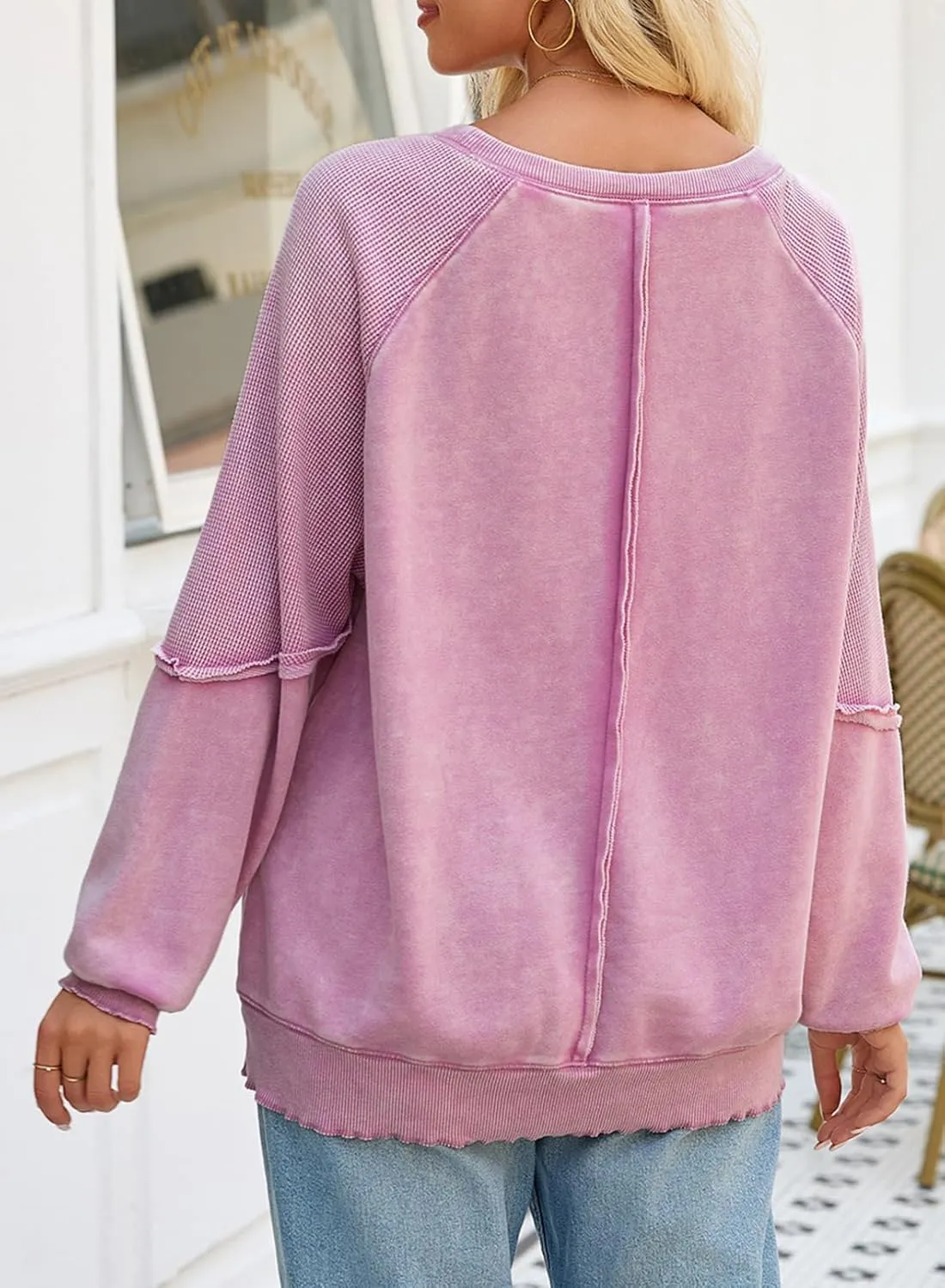 SHEWIN Womens Fashion Waffle Knit Sweatshirt Casual Crewneck Long Sleeve Reverse Seam Oversized Pullover Sweatshirts