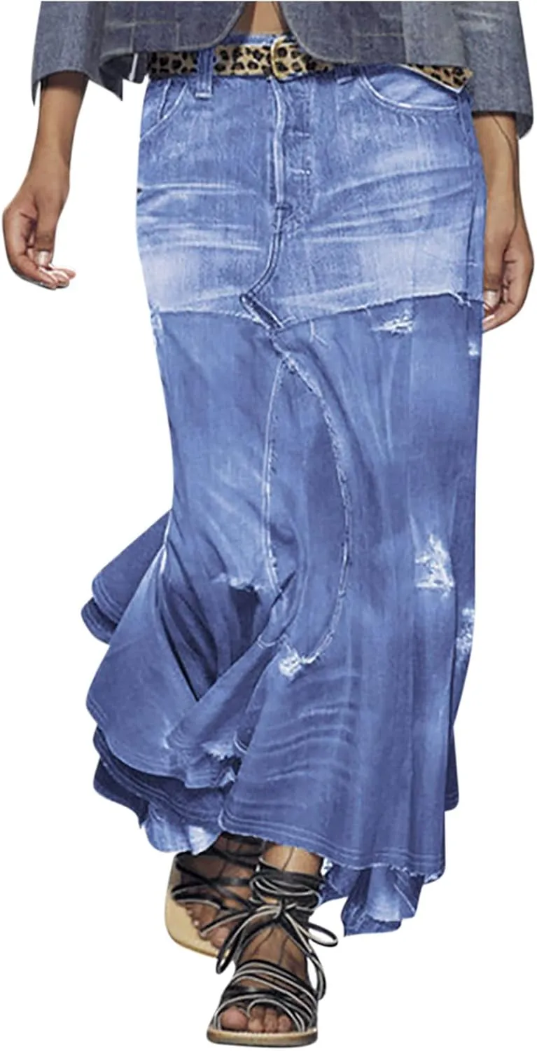 Skirt for Women Denim Maxi Long Vintage Cowgirl High Cut Slit Peasant High Low Steampunk Skorts Women 2025 Trendy