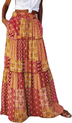 Skirts for Women,Ruffle Hem Flowy Maxi Skirts Trendy 2025 Summer Vacation Boho Elastic High Waist Drawstring
