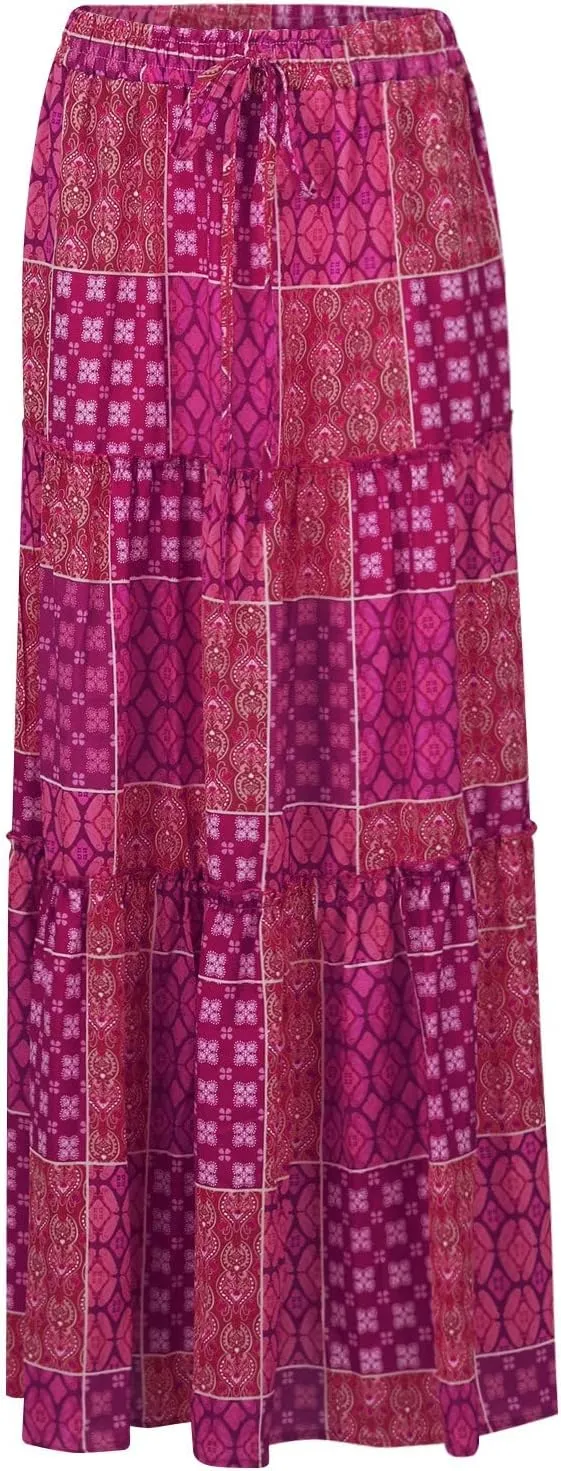 Skirts for Women,Ruffle Hem Flowy Maxi Skirts Trendy 2025 Summer Vacation Boho Elastic High Waist Drawstring
