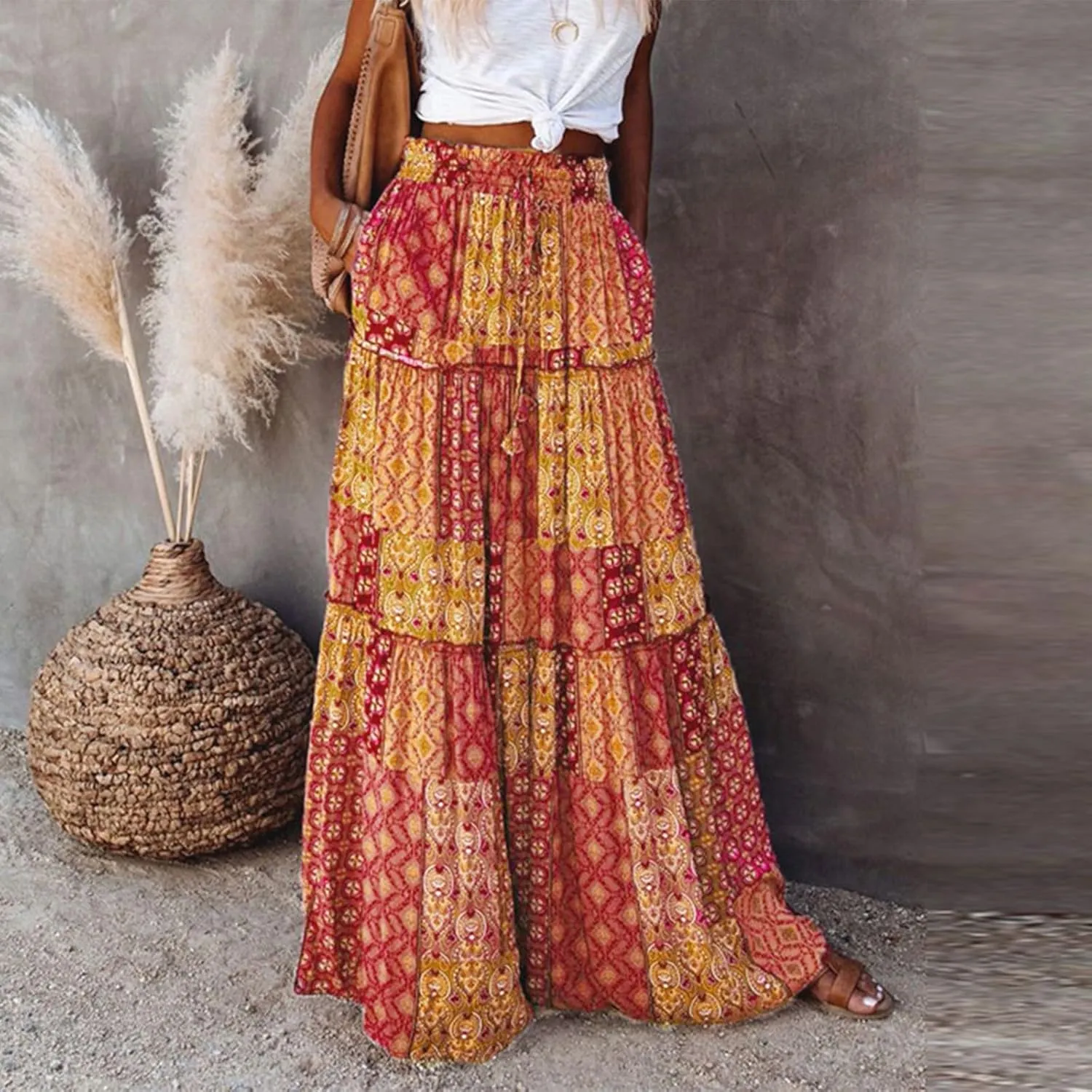 Skirts for Women,Ruffle Hem Flowy Maxi Skirts Trendy 2025 Summer Vacation Boho Elastic High Waist Drawstring