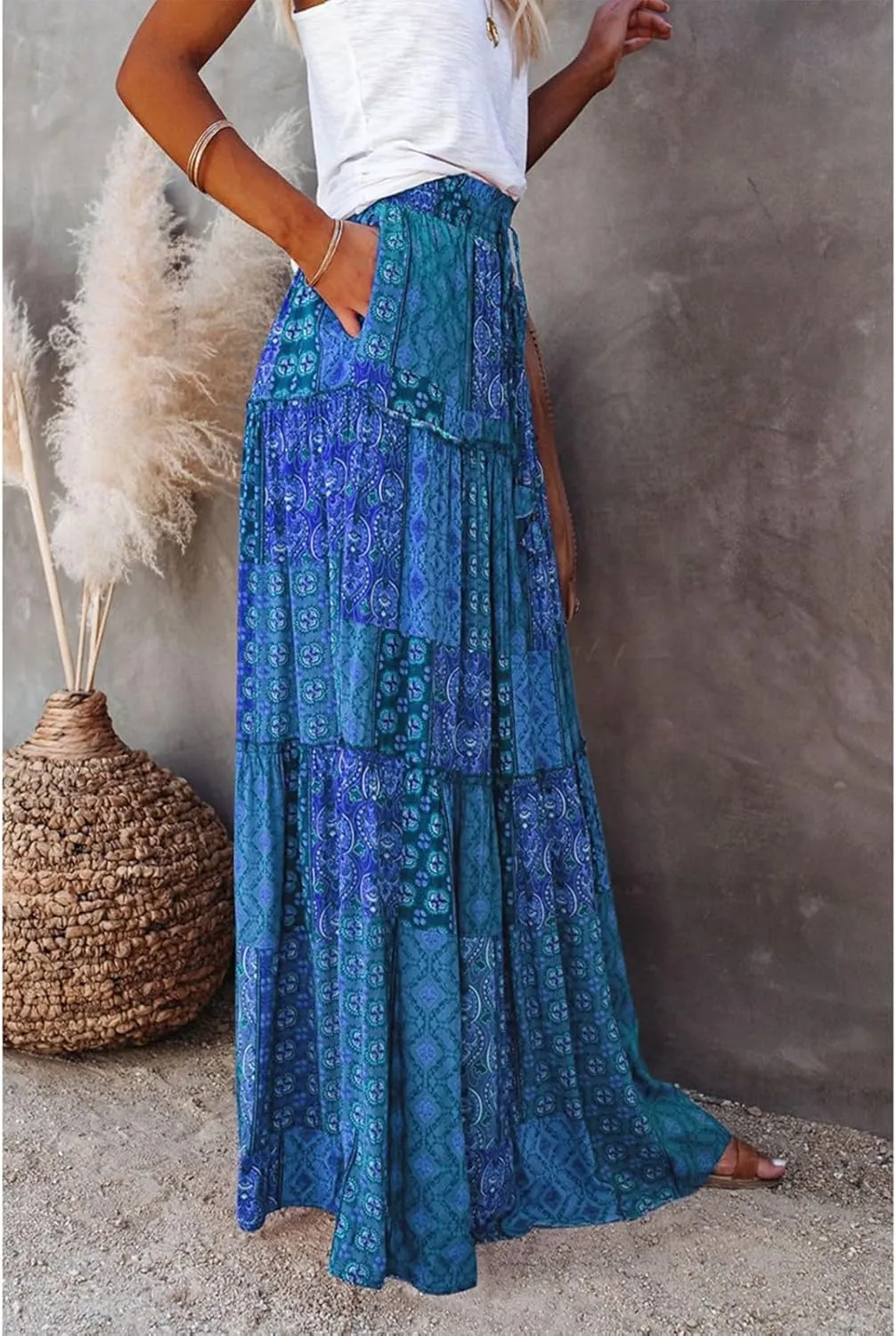 Skirts for Women,Ruffle Hem Flowy Maxi Skirts Trendy 2025 Summer Vacation Boho Elastic High Waist Drawstring