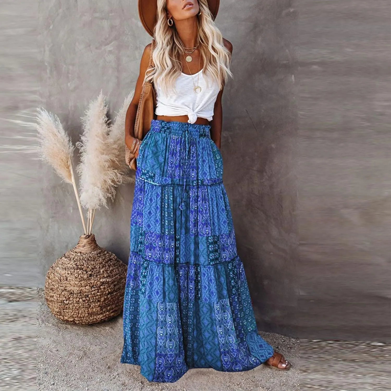 Skirts for Women,Ruffle Hem Flowy Maxi Skirts Trendy 2025 Summer Vacation Boho Elastic High Waist Drawstring