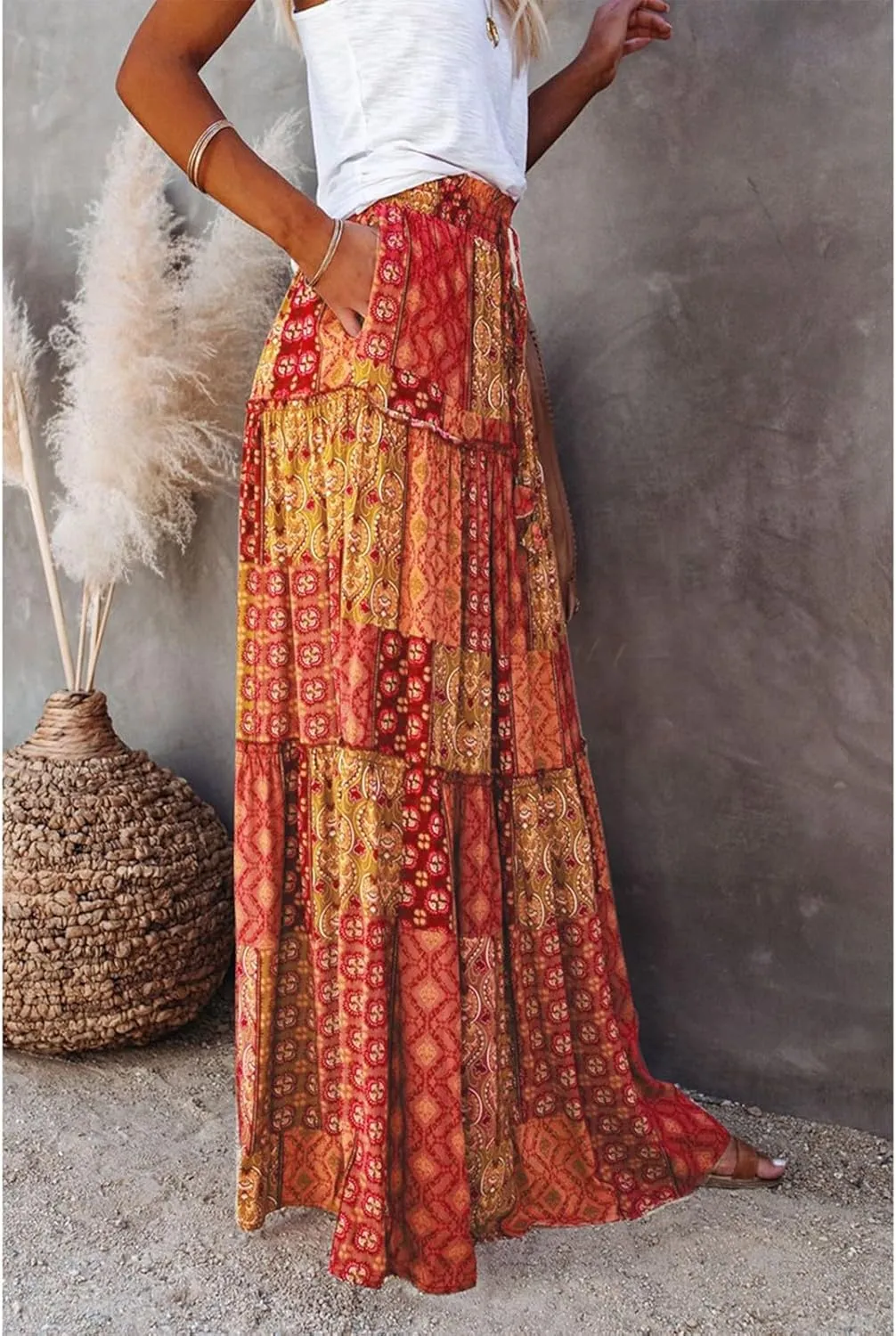 Skirts for Women,Ruffle Hem Flowy Maxi Skirts Trendy 2025 Summer Vacation Boho Elastic High Waist Drawstring