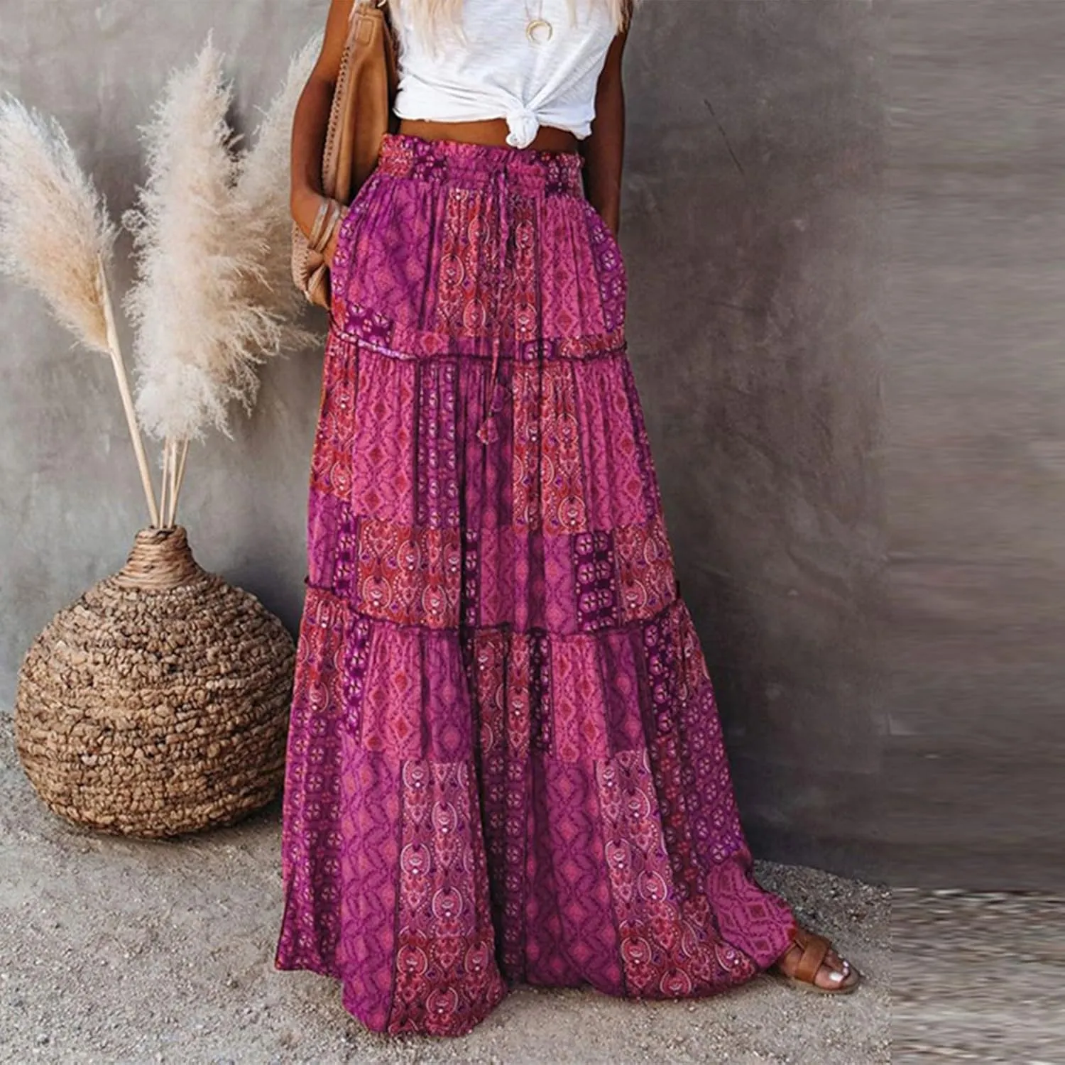Skirts for Women,Ruffle Hem Flowy Maxi Skirts Trendy 2025 Summer Vacation Boho Elastic High Waist Drawstring
