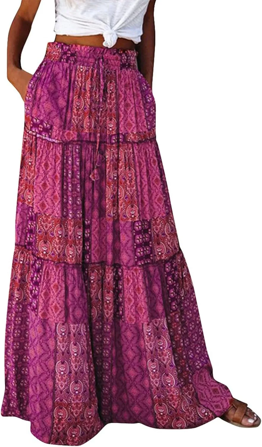Skirts for Women,Ruffle Hem Flowy Maxi Skirts Trendy 2025 Summer Vacation Boho Elastic High Waist Drawstring