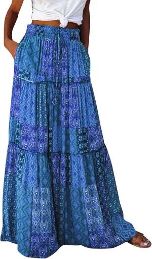 Skirts for Women,Ruffle Hem Flowy Maxi Skirts Trendy 2025 Summer Vacation Boho Elastic High Waist Drawstring