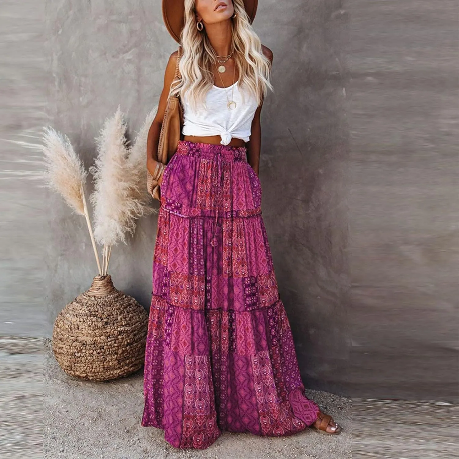 Skirts for Women,Ruffle Hem Flowy Maxi Skirts Trendy 2025 Summer Vacation Boho Elastic High Waist Drawstring