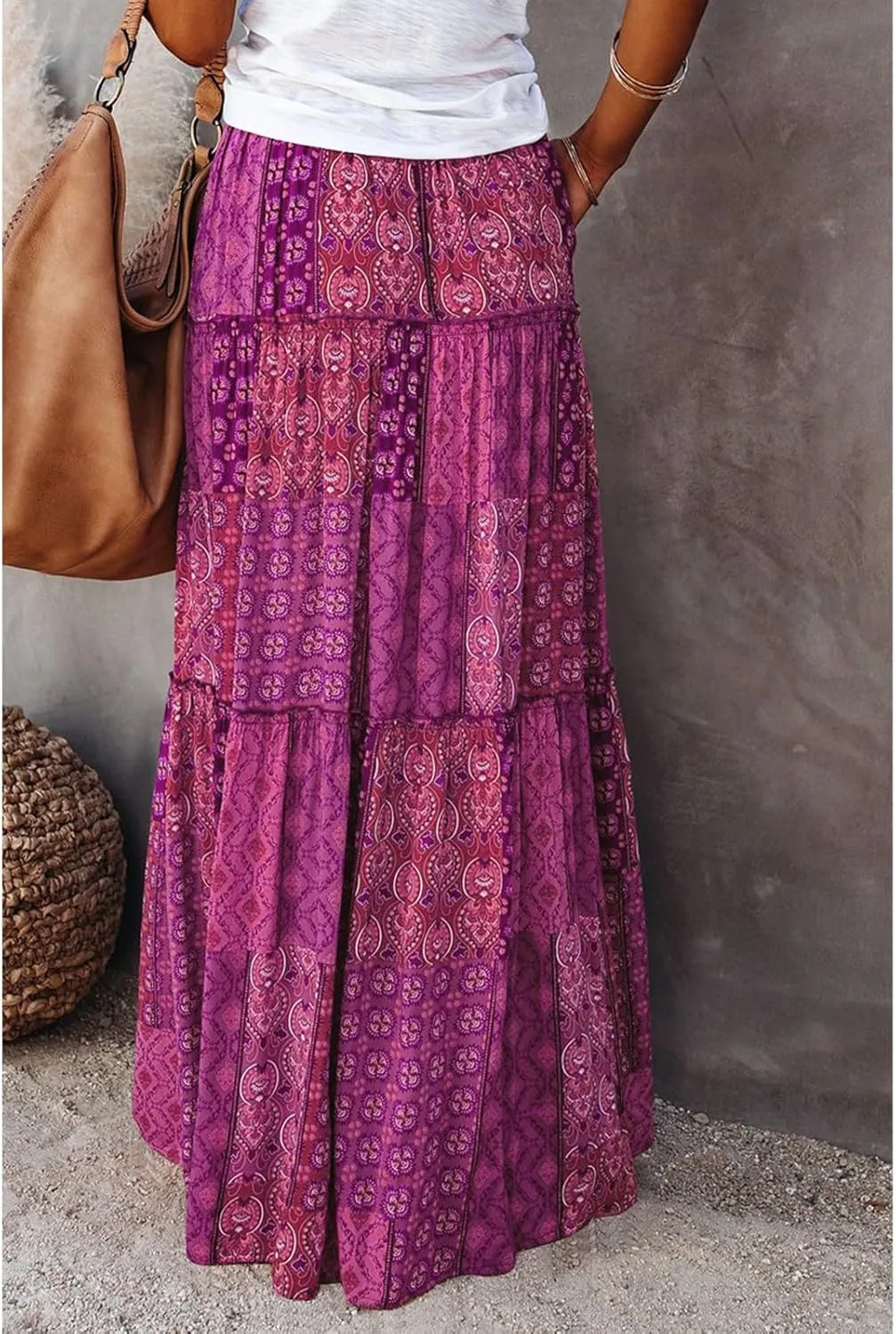Skirts for Women,Ruffle Hem Flowy Maxi Skirts Trendy 2025 Summer Vacation Boho Elastic High Waist Drawstring