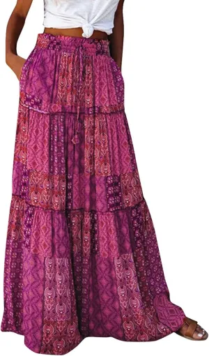 Skirts for Women,Ruffle Hem Flowy Maxi Skirts Trendy 2025 Summer Vacation Boho Elastic High Waist Drawstring