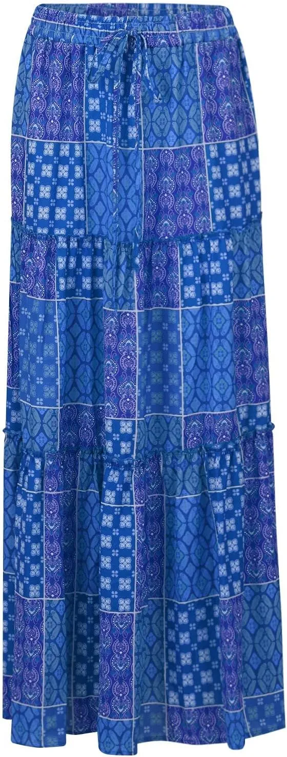 Skirts for Women,Ruffle Hem Flowy Maxi Skirts Trendy 2025 Summer Vacation Boho Elastic High Waist Drawstring