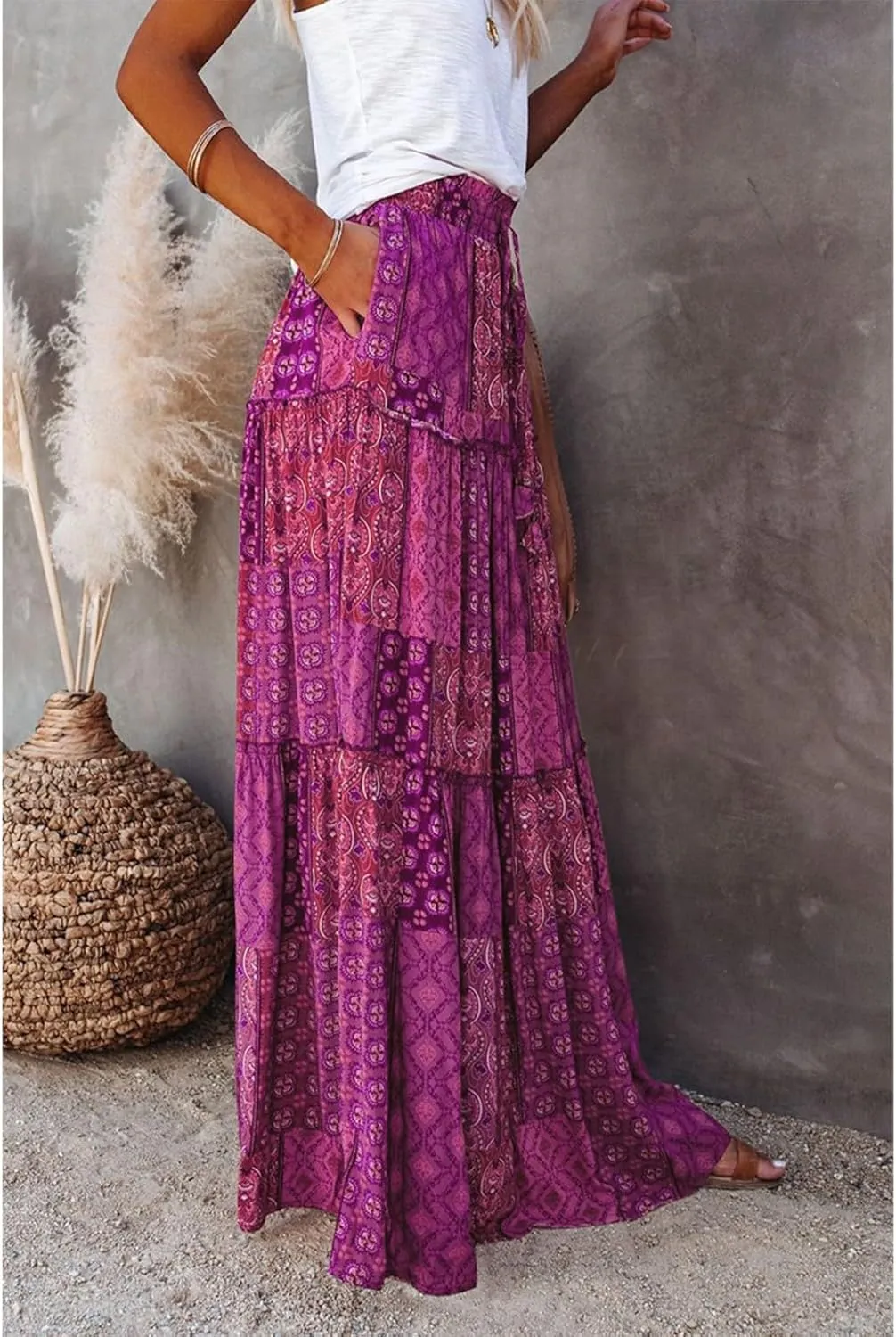 Skirts for Women,Ruffle Hem Flowy Maxi Skirts Trendy 2025 Summer Vacation Boho Elastic High Waist Drawstring