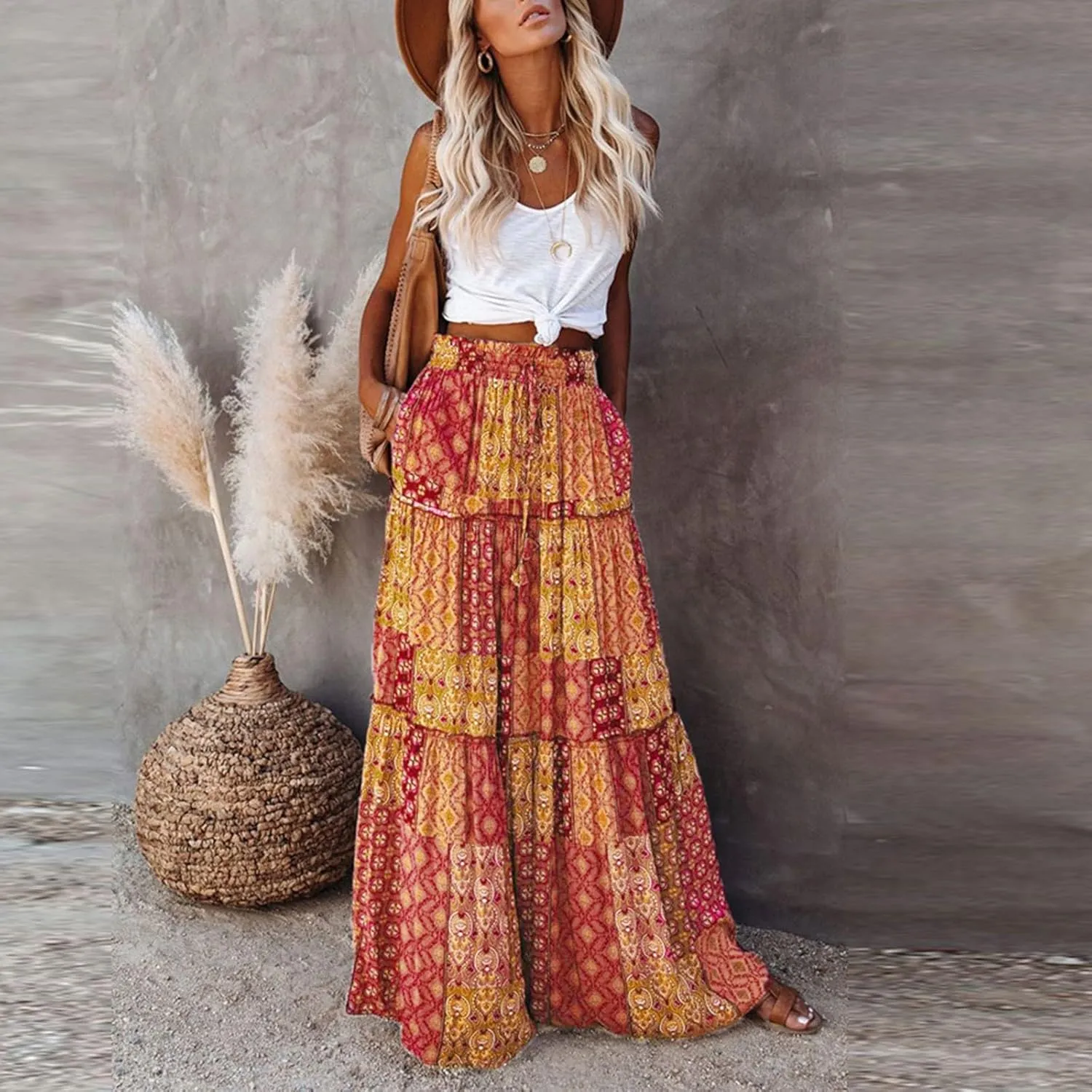 Skirts for Women,Ruffle Hem Flowy Maxi Skirts Trendy 2025 Summer Vacation Boho Elastic High Waist Drawstring