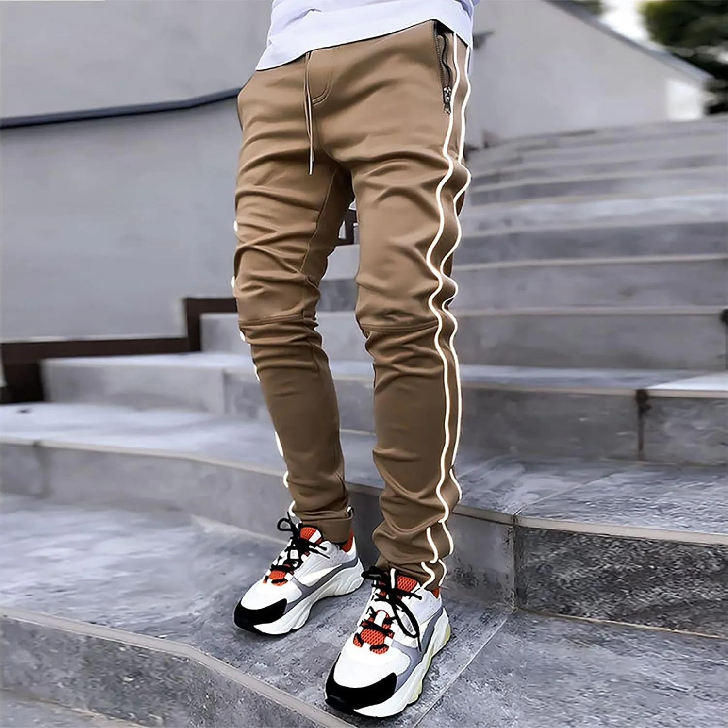 Slim Fit Cargo Pants for Men Multi-Pocket Reflective Straight-Leg Solid Casual Overalls Trousers Stylish Daily Wear